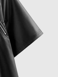 ROMWE MEN Street Life 男士圆领短袖时尚夏季百搭PU紧身T恤 - 黑色 - 查看 4