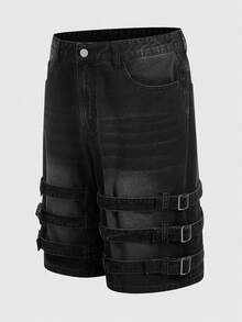 Street Life Quần short denim nam dáng rộng, nhiều dây đeo và túi, kiểu dáng thường ngày. - màu đen - Xem 3