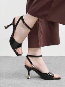 CUCCOO BIZCHIC 女士时尚性感黑色方头踝带高跟凉鞋，适合通勤、约会、派对、婚礼和假日场合。 - 黑色 - 查看 3