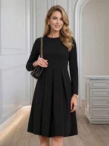 EMERY ROSE 女士优雅纯色褶皱通勤连衣裙 - 黑色 - 查看 3