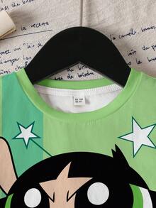 THE POWERPUFF GIRLS X SHEIN Young Girl Blossom, Bubbles, Buttercup Pattern Round Neck Short Sleeve T-Shirt - Multicolor - View 12