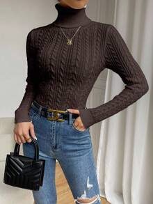 SHEIN Casual Solid Color Turtleneck Sweater, Autumn/Winter - Coffee Brown - View 3