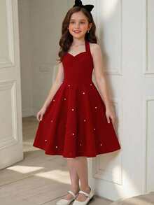 SHEIN Tween Girls Elegant Halter Neck Bow Knit Beaded Red Dress, Casual & Chic Summer Dress - Red - View 1