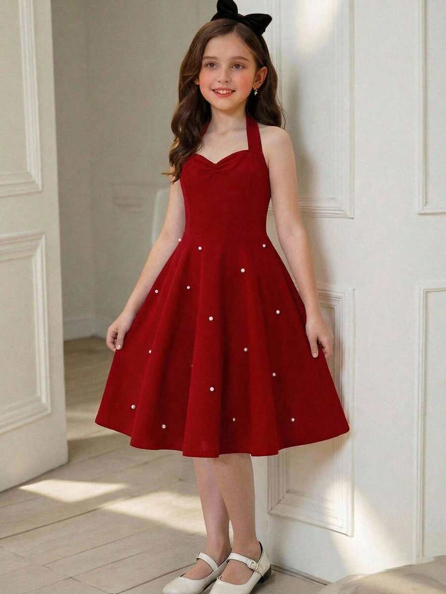 SHEIN Tween Girls Elegant Halter Neck Bow Knit Beaded Red Dress, Casual & Chic Summer Dress - Red - View 1