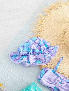 SHEIN 女婴可爱夏季美人鱼印花休闲针织蝴蝶结拼接撞色比基尼套装，含泳帽 - 紫色 - 查看 3