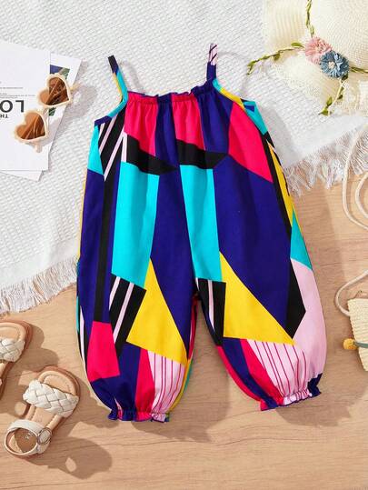 SHEIN Baby Girl Woven Geometric Print Jumpsuit