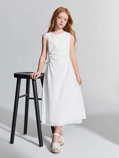 Ontre Tween Girl Elegant Ruched Side Sleeveless Round Neck Midi Dress