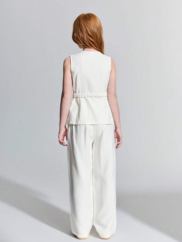 Tween Girl Woven White & Gold Button Sleeveless Shirt And Pants Casual Outfit