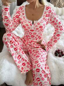 Dream Adore Lace Trim Square Collar Red Lip Print Jacquard Knit Long Sleeve Pajama Set - Beige - View 4