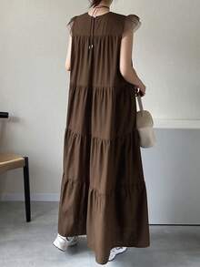 FRIFUL Gaun Wanita Kasual Longgar Warna Polos dengan Rok Mengembang, Serbaguna untuk Musim Semi dan Musim Panas. - Coffee Brown - View 2