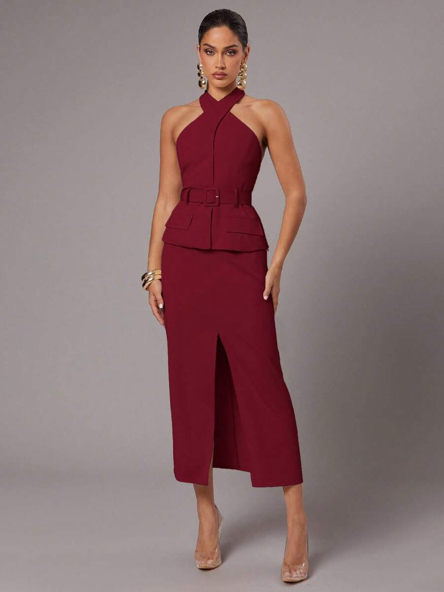 Silquee 女士优雅性感纯色露背吊带上衣和裙子套装秋冬女装 - 酒紅色 - 查看 1