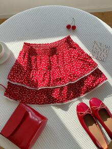 SHEIN EZwear Chân váy peplum in hình trái tim, cạp chun nhún cho nữ - Đỏ - Xem 3