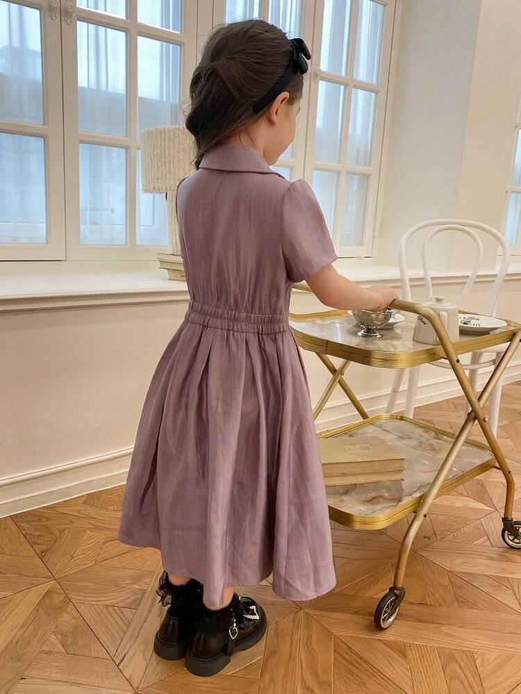 Young Girl' Solid Color Turndown Collar Short Sleeve Sweet Mini Dress, Summer