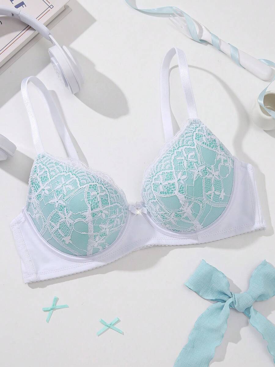 1pc Sexy Lace Simple Gather Small Bust Enhancing Underwire Bra - Multicolor - View 1