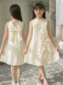 SHEIN 少女休闲优雅荷叶边领3D立体花朵装饰蝴蝶结后背纽扣无袖纯色连衣裙，法式连衣裙，香槟色连衣裙，适合婚礼、派对等场合