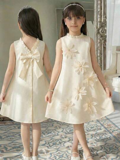 SHEIN 少女休闲优雅荷叶边领3D立体花朵装饰蝴蝶结后背纽扣无袖纯色连衣裙，法式连衣裙，香槟色连衣裙，适合婚礼、派对等场合