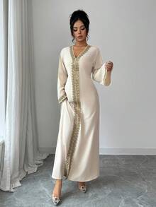 Elenzga 女士编织优雅长款秋季连衣裙 - 杏色 - 查看 6