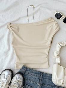 SHEIN 少女纯色肩部褶皱休闲百搭日常穿着T恤 - 杏色 - 查看 2