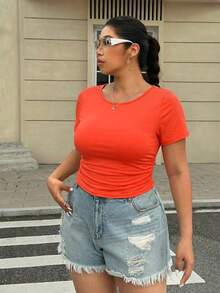 SHEIN EZwear 大码腰部褶皱松紧带T恤 - 橘色 - 查看 4