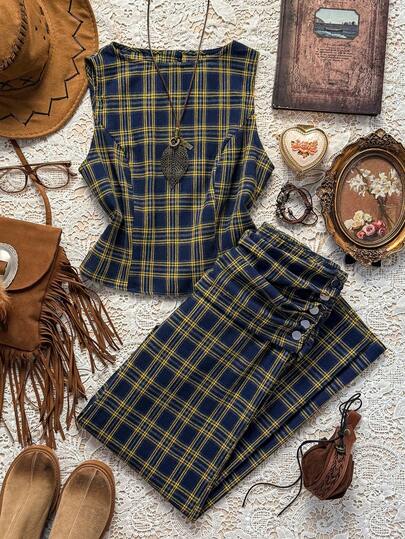 Easelle Summer Clothing: Sleeveless Low-Waist Retro Check Pattern Vintage Y2K Sleeveless Metal Zipper Low Waist Straight Leg Women 2 Pieces Set