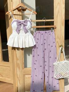 SHEIN ChillGRL 2pcs/Set Teen Girls' Sweet Casual Bow Tie Camisole Top Paired With Textured Print Wide Leg Pants Set, Suitable For Daily, Commute, Casual, Vacation, Party, Street Style - Mauve Purple - View 3