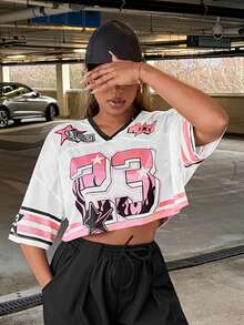 Slaydiva 大码女式休闲火焰 23 印花宽松 V 领短款 5/8 袖网眼 T 恤，适合夏季、运动、街头 Y2K 风格 - 彩色 - 查看 1