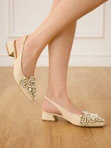 CUCCOO HITCHD 25cm Spring/Summer New Romantic Elegant Pointed Toe Faux Pearl Decor Mid-Heel Khaki High Heels Peep Toe Shoes, Bridal Wedding Shoes Valentine's Day - Khaki - View 9