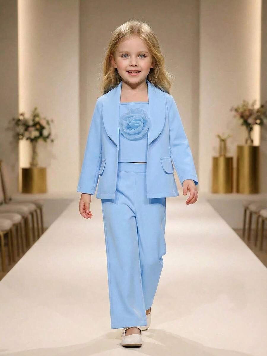 3件套女童都市优雅西装外套、3D花朵装饰背心和裤子套装 - 藍色 - 查看 1