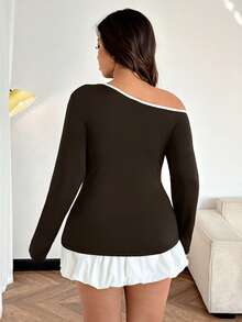 Easura Plus Size Women's Elegant Colorblock Oblique Shoulder Cinched Waist A-Line Patchwork Top, Early Spring - Brown - View 2