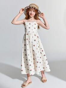 Ontre Ärmlös A-linjeformad midiklänning för tweenflicka, blommigt tryck, aprikosfärgad - Aprikos - Visa 1