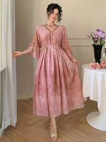 DAZY 女士优雅碎花V领中长连衣裙，春夏婚礼宾客礼服 - 粉色 - 查看 4