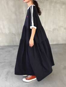 FRIFUL 女士藏蓝色撞色长连衣裙，精致刺绣，休闲运动风，夏季长款连衣裙 - 藏蓝色 - 查看 5