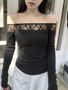 DAZY Women's Off Shoulder Long Sleeve Lace Polka Dot T-Shirt, Sexy Top For Autumn/Winter - Black - View 4