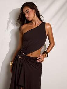 SHEIN BAE Đầm nữ màu trơn, cổ lệch, khoét rỗng, kiểu dáng thời trang, không tay. - màu nâu - Xem 6