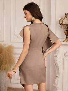 Modelyn Women's Fashionable Minimalist Elegant Daily Commute Dress With Ruffle Trim And Metal Decor, Casual Short Style - Brown - View 2