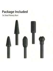 1/4in 5 Pcs Wood Carving Drill Bit Set Rotary File Burrs Tool For Woodworking Craft Sculpting Root Engraving Milling Polishing Electric Power Tool Accessory - Black - View 5