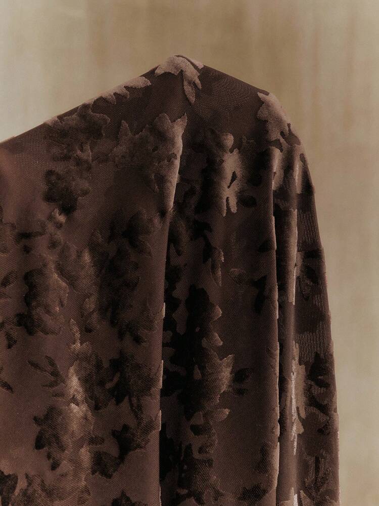 Anewsta Women Plus Size Mocha Brown Hollow-Out Velvet Burnout Long Sleeve Pullover Top, Elegant & Versatile, Suitable For Spring To Summer