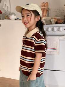 DAZY Young Girls Polo Collar Striped Casual Short Sleeve T-Shirt Spring - Coffee Brown - View 3