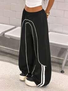 SHEIN HypeZone 女士千禧年风格Y2K休闲街头风拼接宽松女裤 - 黑色 - 查看 5