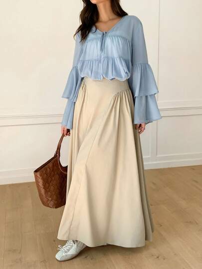 Veilorie Women's Solid Color High Waist Pleated Elegant Office Skirt