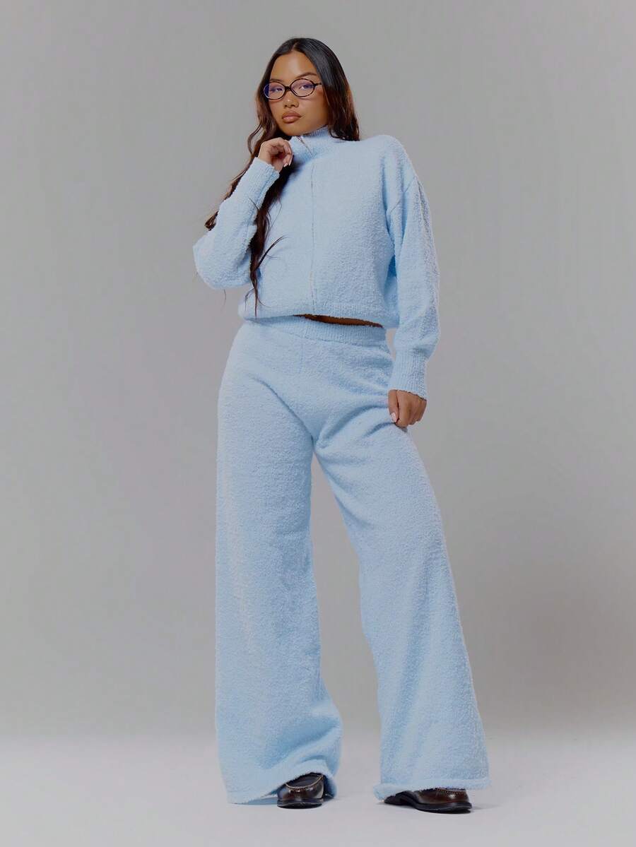 MUSERA Pantalon à jambes larges en tricot moelleux avec slogan graphique. Printemps, style féminin, tenues de jour, mignon, décontracté, doux pois - Bleu ciel - Voir 1