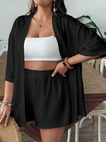 SHEIN VCAY 休闲复古树叶图案宽松大码两件套，适合夏季穿着 - 黑色 - 查看 1