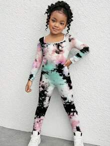 SHEIN Young Girls' Black Tie-Dye Street Style Elastic Knit Crew Neck Long Sleeve Jumpsuit,Snug Fit Matching Sister Set White Summer Casual Daily Wear Outfit - Black - View 2
