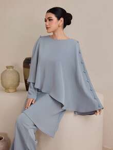 Graceveil 女士不对称上衣，袖口和裤子均饰有纽扣，阿拉伯风格套装 - 藍色 - 查看 8