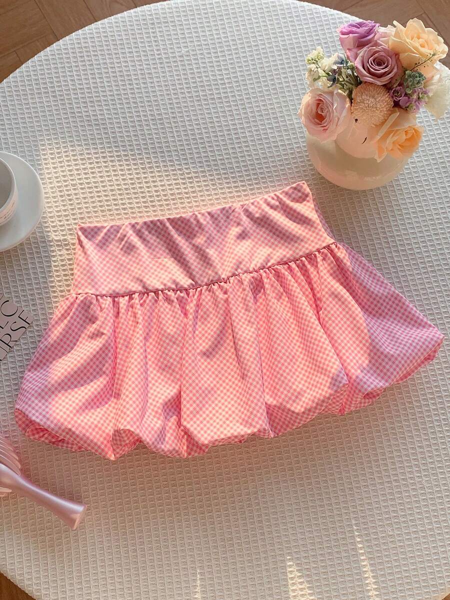 Comfortcana Women's Plaid Casual Versatile Ruffle Hem Skirt - Pink - View 1