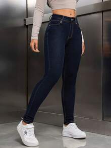 SHEIN Tall Jeans casuales y versátiles de cintura alta con bolsillos para mujer - Azul lavado oscuro - Ver 5