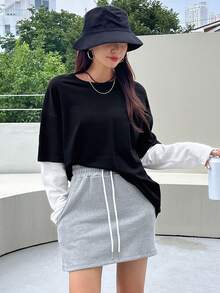 DAZY Drop Shoulder 2 In 1 Tee,Fall Clothes Long Sleeve Women Tops - Black and White - View 7