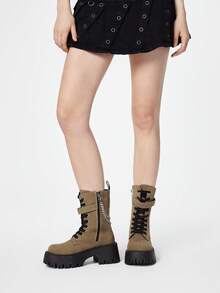 ROMWE Grunge Punk Botas femininas estilo punk gótico rock escuro com cadarço, cano curto com plataforma e sola grossa, perfeitas para o Natal e o Dia dos Namorados. - Camurça cáqui - Ver 3