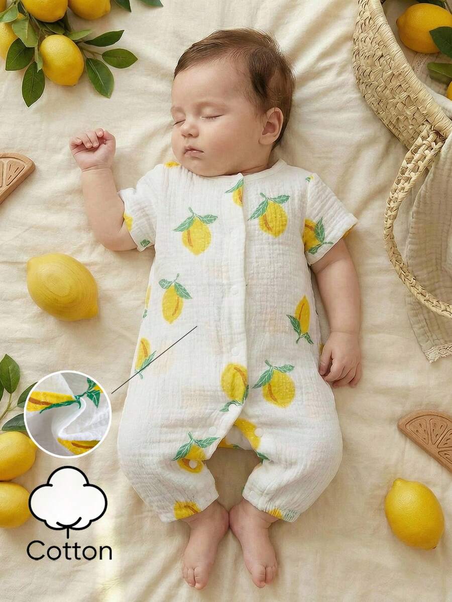 Vintaside Kids 新生儿连体裤，柔软舒适的绉纱面料，适合春、夏、秋季穿着，乡村风格柠檬水果印花，时尚可爱，百搭休闲夏季连体裤 - 白色 - 查看 1