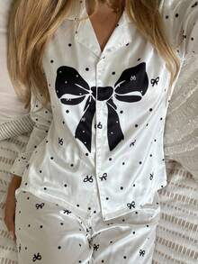 Cute Bow Combination Print Teen GirlWomen's Long Sleeve Cardigan And Pants Casual 2-Piece Loungewear Set, Lace Trim Design Adds Elegance And Charm - Apricot - View 1